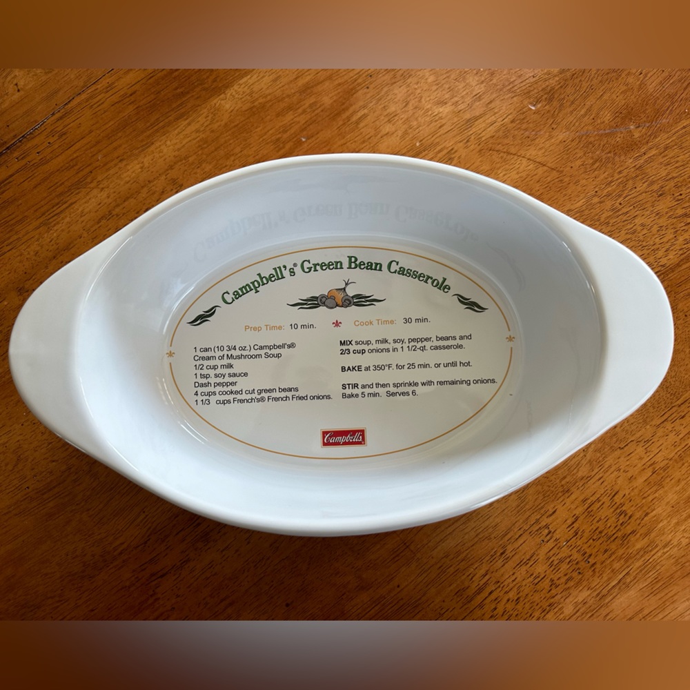 Campbell’s M’m Good! Green bean casserole oval dish w/recipe printed inside